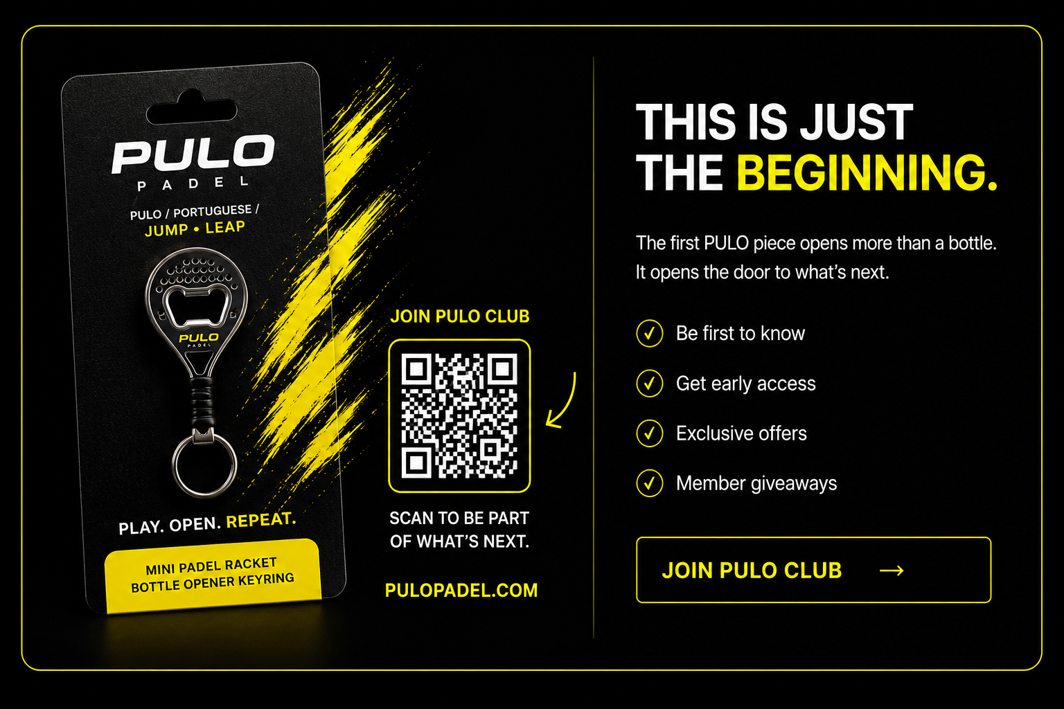 PULO PADEL mini racket bottle opener and PULO Club launch artwork
